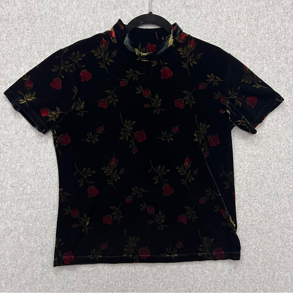Vintage Y2K Impressions Dark Floral Velvet Short Sleeve Top Grunge Size Large